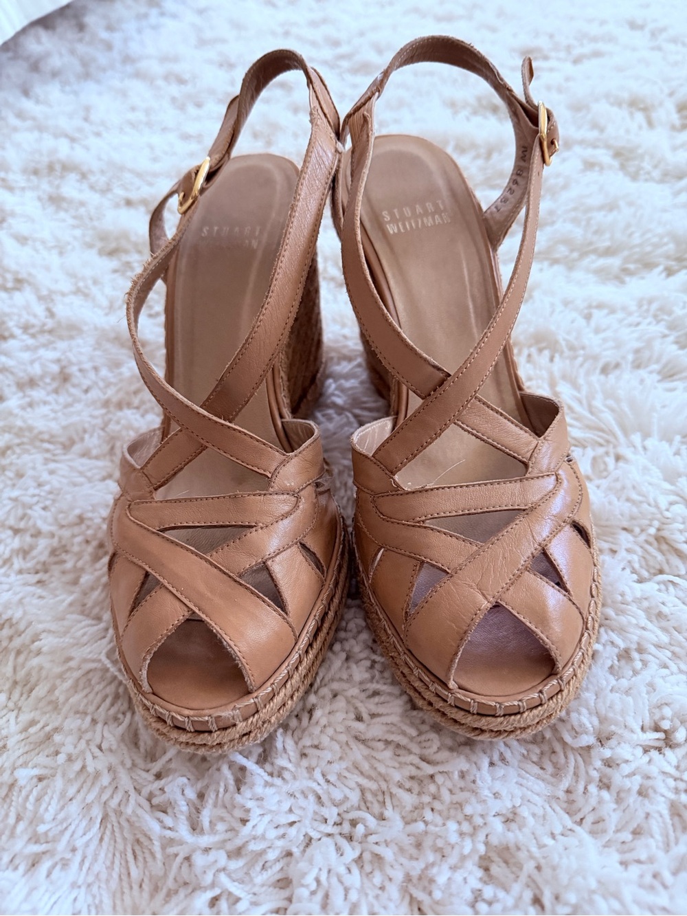 Stuart Weitzman Cognac Leather Crisscross Wedge Sandals